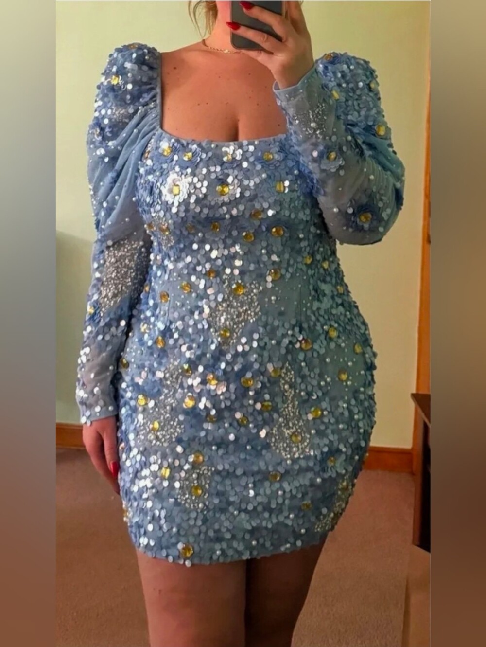 ASOS Light Blue Sequin Dress with Gold Accents US 18